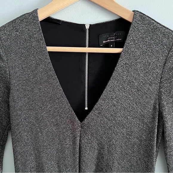 Ted Baker Lizzet Twist Deep V Long Sleeve Metallic Silver Mini Dress 2 (Ted 0) - Picture 3 of 14